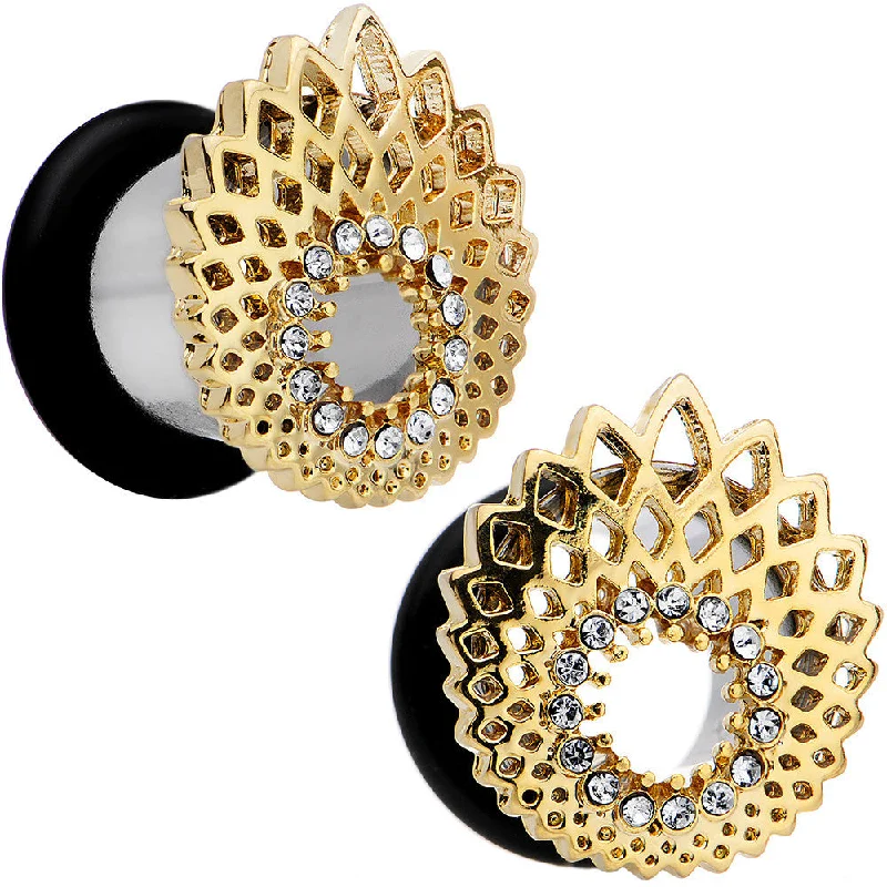 Women's Earrings – Elegant Designs for Every Personality--00 Gauge Clear Gem Golden Gala Feather Single Flare Tunnel Plug Set