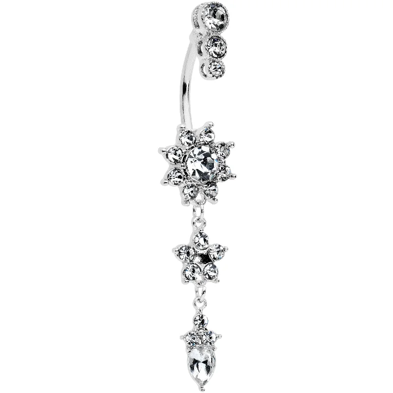 Stunning Belly Rings for Bold Statements -Clear Gem Triple Top Double Flower Drop Dangle Belly Ring