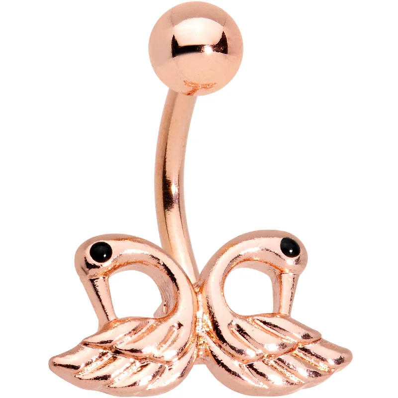 Belly Rings with Exotic Patterns for Unique Style -Rose Gold Plated Ruffled Feather Dual Swans Belly Ring