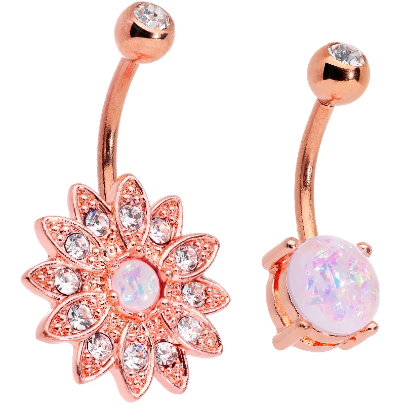 Beautiful Belly Rings for Fashion-Forward Looks -Clear Gem White Faux Opal Rose Gold Tone Flower Belly Ring Set of 2 Beautiful Belly Rings for Fashion-Forward Looks -Clear Gem White Faux Opal Rose Gold Tone Flower Belly Ring Set of 2