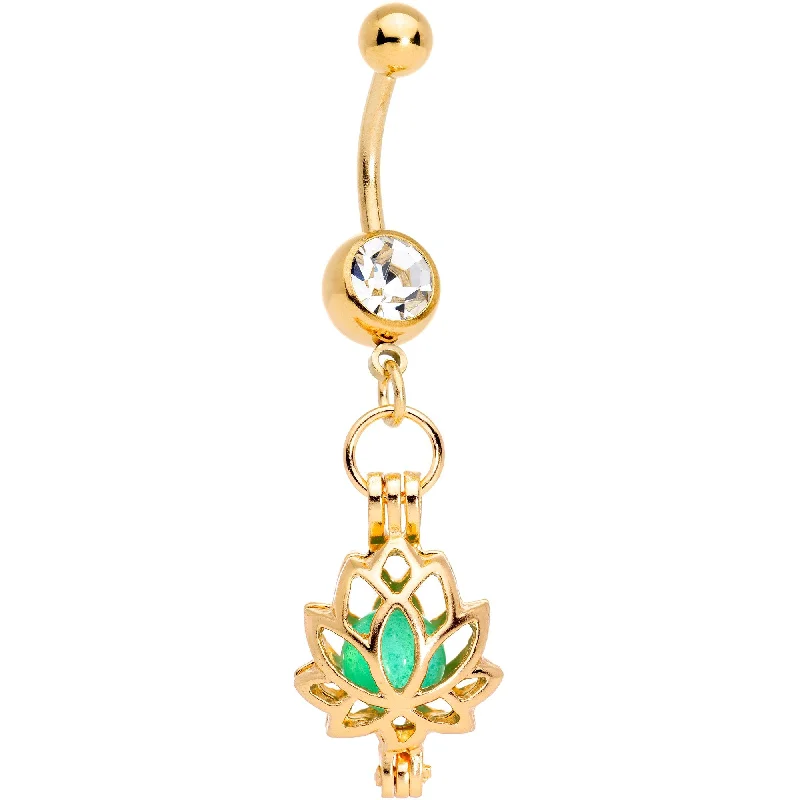 Unique Belly Rings with Glittering Stones -Clear Gem Gold Tone Glow in the Dark Lotus Flower Dangle Belly Ring