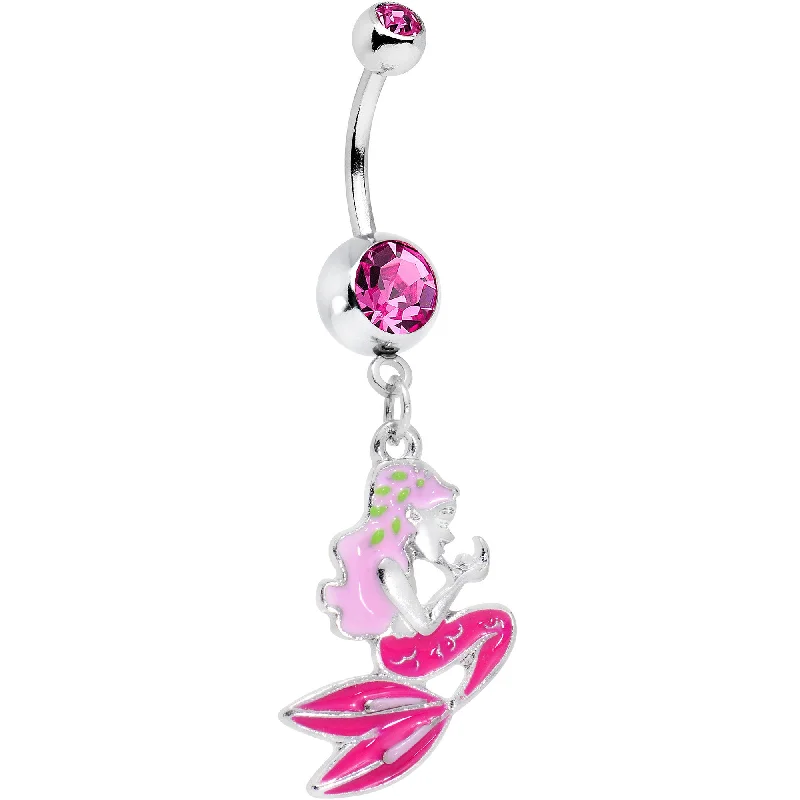 Designer Belly Rings with Timeless Appeal -Pink Gem Precious Pink Mermaid Dangle Belly Ring