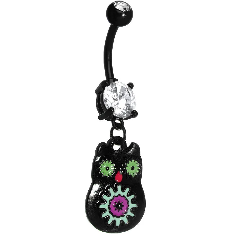 Belly Rings with Glamorous Shine for Bold Look -Crystalline Gem Black Neon Sugar Owl Dangle Belly Ring