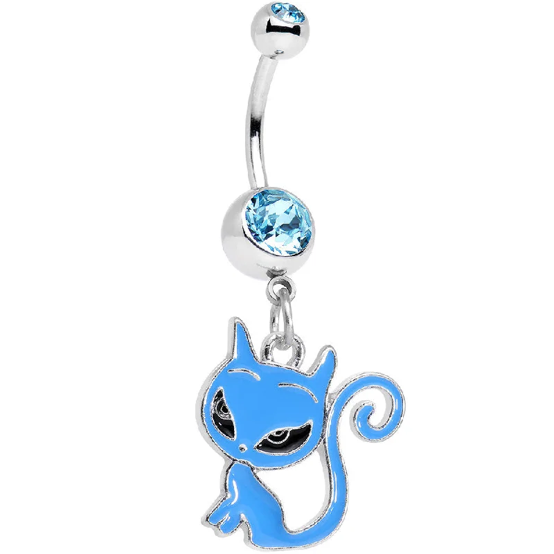 Comfortable Belly Rings for Unique Fashion -Aqua Gem Kitten Dangle Belly Ring
