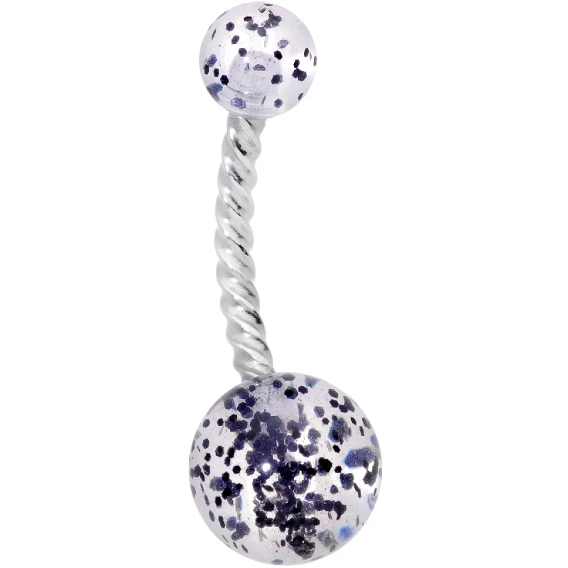 Comfortable Belly Rings with Adjustable Fit -Clearly Coiled Black Glitter Explosion Twisted Belly Ring
