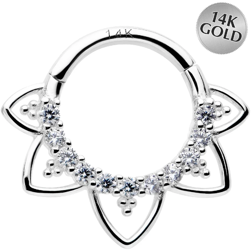 Black Nose Rings -16 Gauge 5/16 Clear CZ Gem 14kt White Gold Filigree Hinged Segment Ring Black Nose Rings -16 Gauge 5/16 Clear CZ Gem 14kt White Gold Filigree Hinged Segment Ring