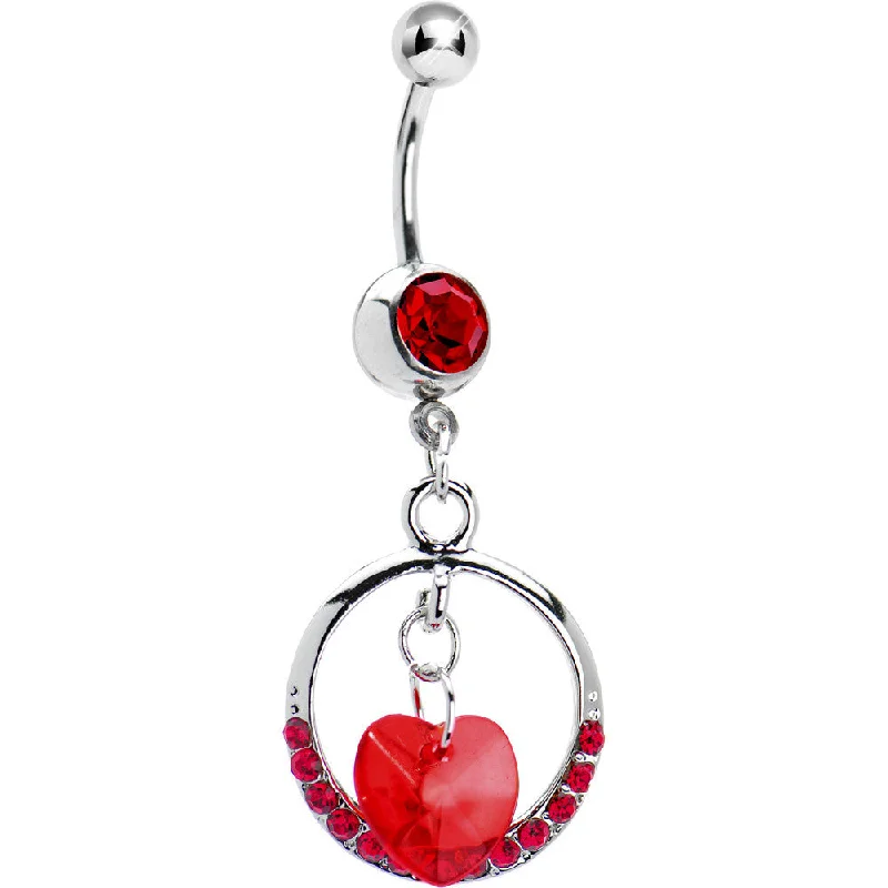Elegant Belly Rings for Sophisticated Style -Siam Red Gem Circular Heart Drop Belly Ring