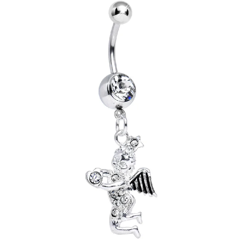 Trendy Belly Rings for Elegant Style -Crystalline Gem Cherubic Angel Dangle Belly Ring
