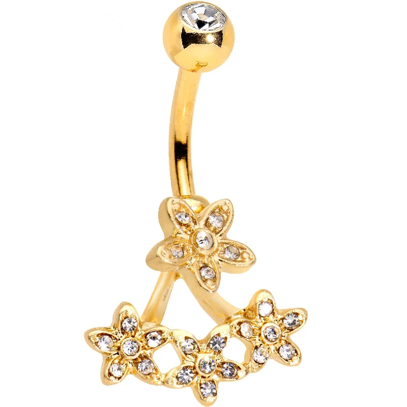 Comfortable Belly Rings with Stunning Detail -Clear Gem Field of Flowers Gold PVD Dangle Belly Ring