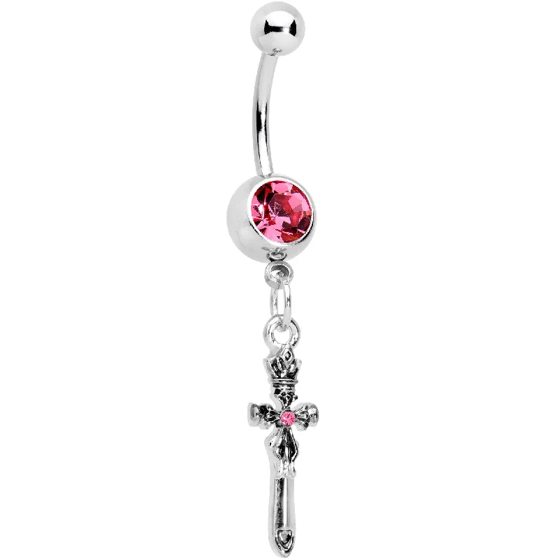 Belly Rings with Gemstones for Sparkling Style -Pink Gem Templar Cross Dangle Belly Ring
