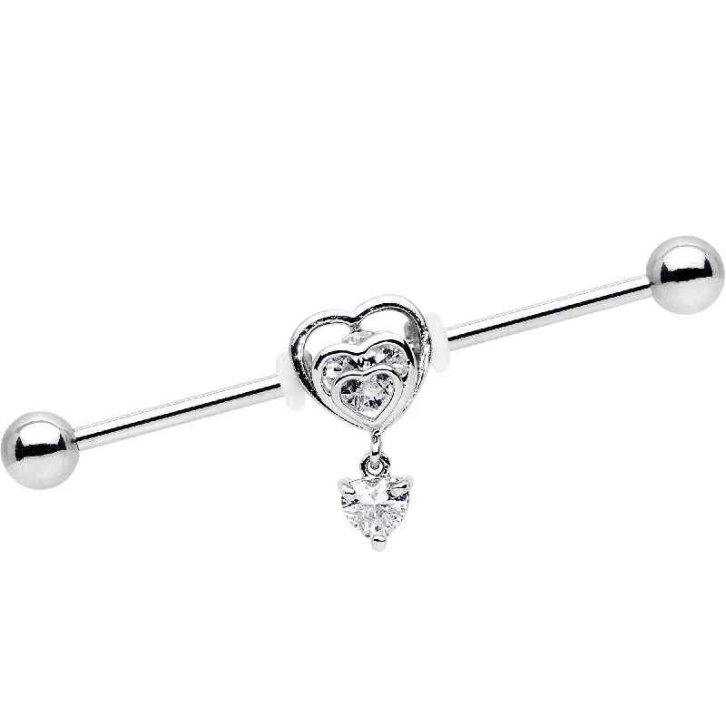 Women's Earrings – Elegant Designs for Every Personality--Clear CZ Gem Triple Heart Dangle Industrial Barbell 38mm Women's Earrings – Elegant Designs for Every Personality--Clear CZ Gem Triple Heart Dangle Industrial Barbell 38mm