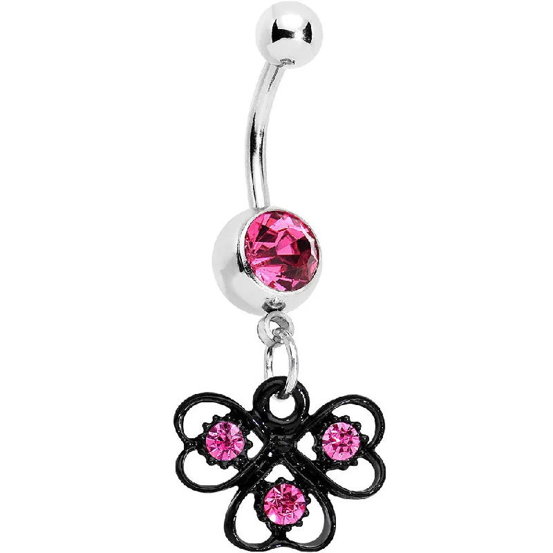 Stylish Belly Rings for Chic and Modern Fashion -Pink Czech Stone Black Swirl Trio of Love Dangle Belly Ring
