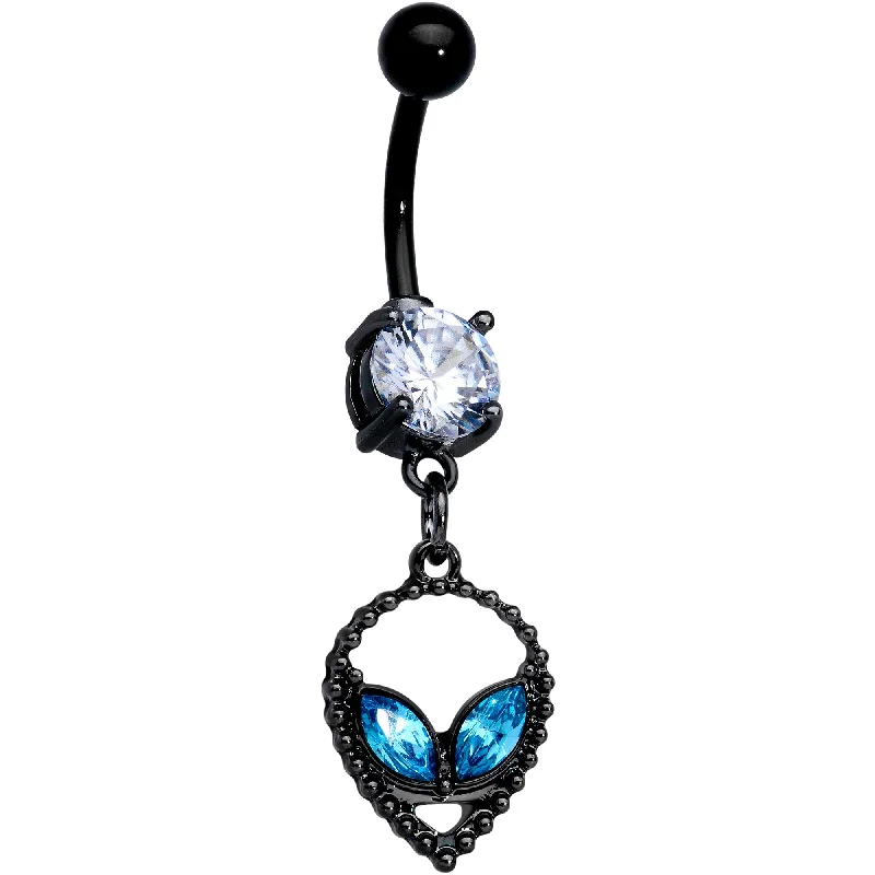 Gold Belly Rings for a Touch of Luxury -Clear Aqua CZ Gem Black Hollow Alien Dangle Belly Ring