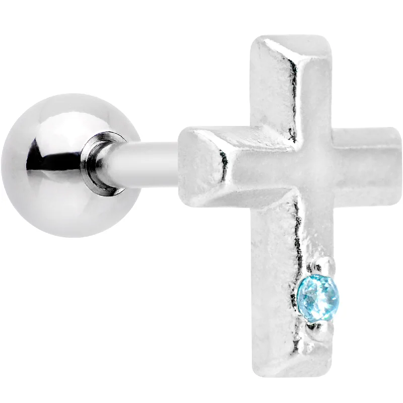 Women's Earrings – Elegant Designs for Every Personality--1/4 Aqua CZ Gem Embossed Cross Tragus Cartilage Earring