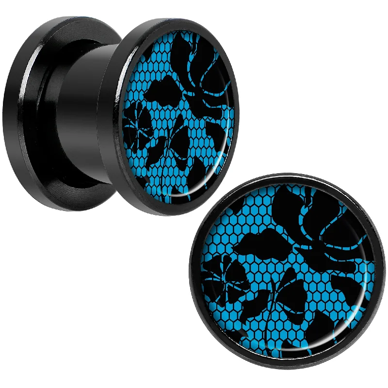Women's Earrings – Elegant Designs for Every Personality--Blue Floral Lace Black Anodized Screw Fit Plug Set 00 Gauge