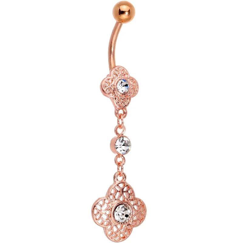 Comfortable Belly Rings for Statement Fashion -Clear Gem Rose Gold Tone Web of Delight Dangle Belly Ring