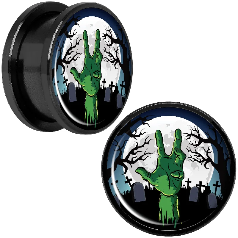 Women's Earrings – Elegant Designs for Every Personality--Cemetery Zombie Hand Halloween Black Anodized Plug Set 18mm