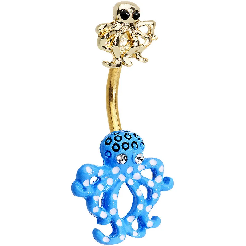 Comfortable Belly Rings for Everyday Glam -Clear Black Gem Gold PVD Gold and Blue Octopus Double Mount Belly Ring