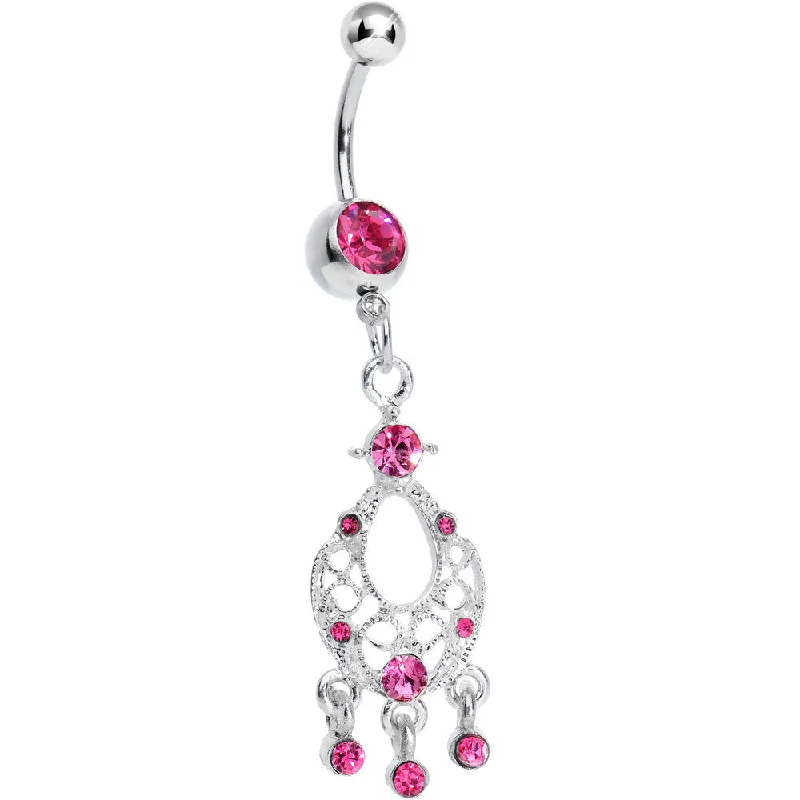 Custom Belly Rings for Personal Touch -Pink Gem Symmetrical Dreamcatcher Dangle Belly Ring