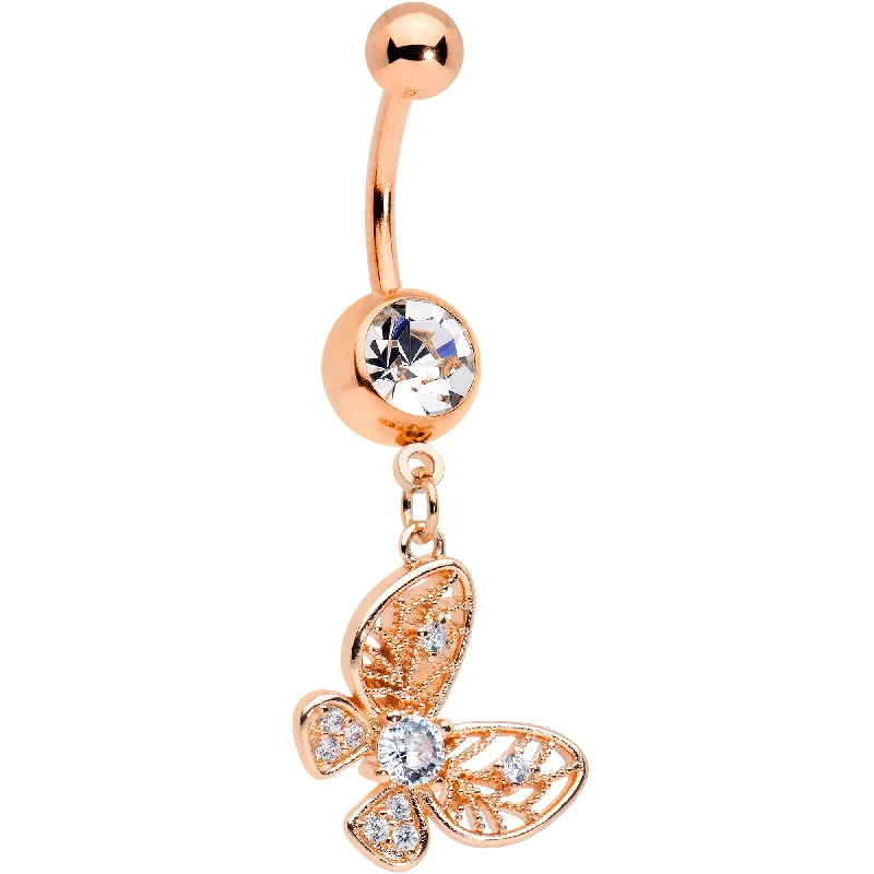 Stunning Belly Rings with Classic Design -Clear Gem Rose Gold Tone Airy Elegant Butterfly Dangle Belly Ring