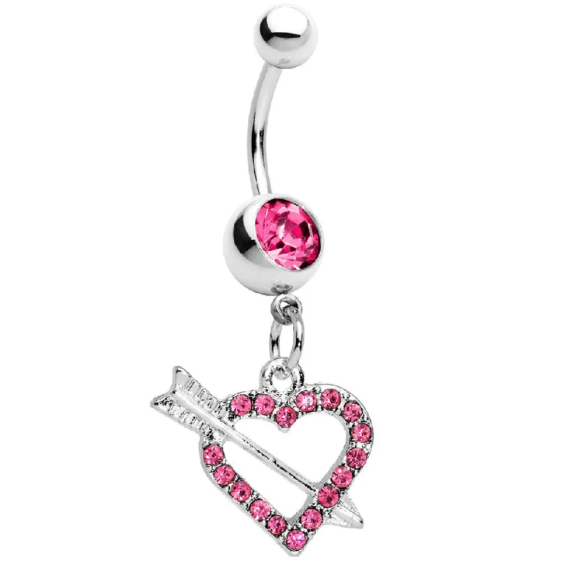 Belly Rings with Vibrant Colors for Bold Style -Pink Paved Impaled Heart Dangle Belly Ring