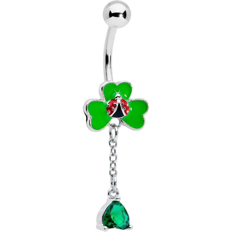 Beautiful Belly Rings for Special Occasions -Green Gem Shamrock Ladybug St Patricks Dangle Belly Ring