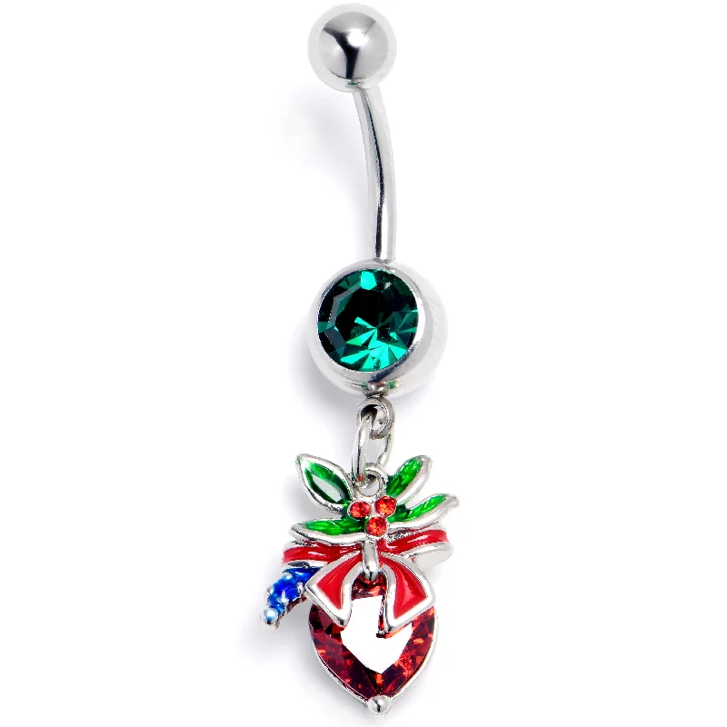 Comfortable Belly Rings for Modern Fashion -Red Green Gem Festive Holiday Ornament Dangle Belly Ring
