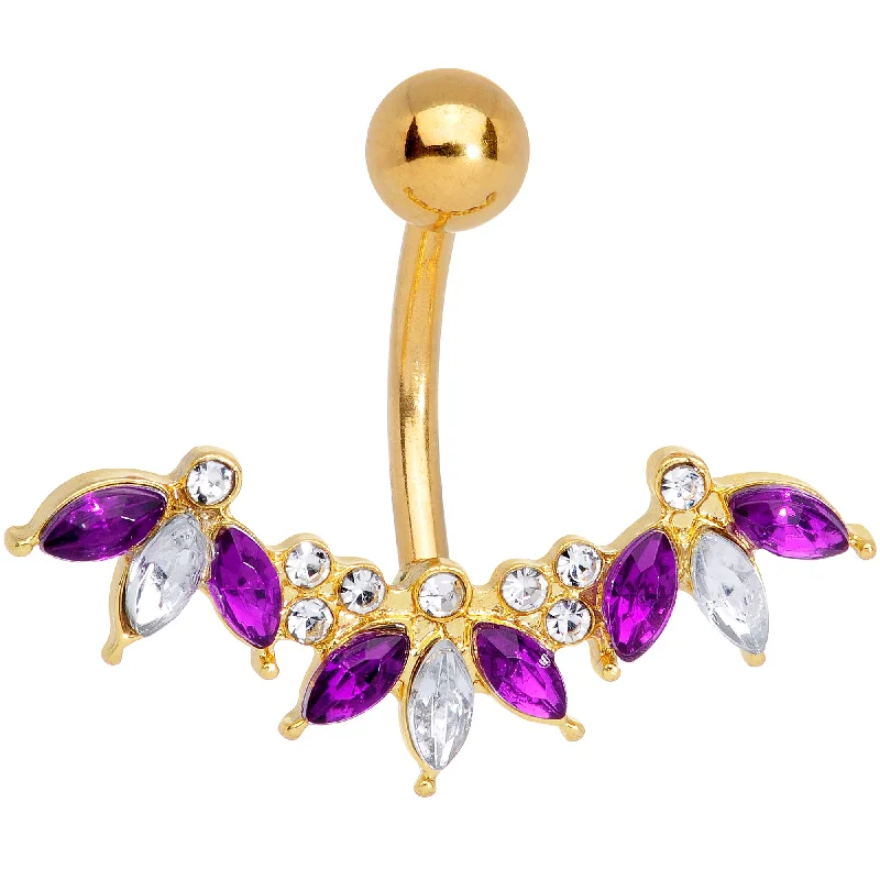 Comfortable Belly Rings with Bold Style -Purple Clear Gem Gold Tone Anodized Comely Clusters Belly Ring