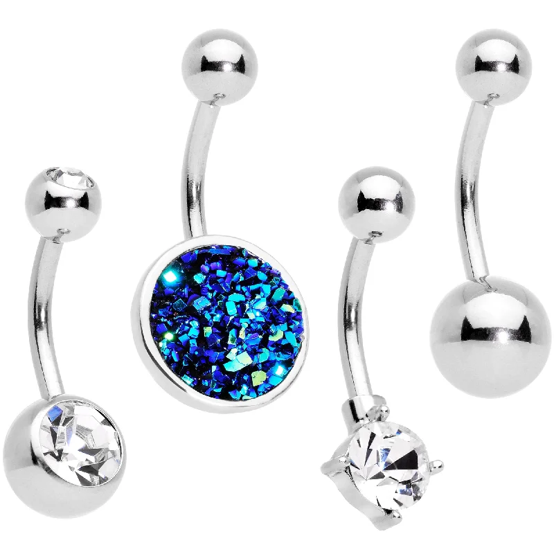 Custom Belly Rings for Exclusive Style -Blue Faux Druzy Clear Gem Belly Ring Set of 4
