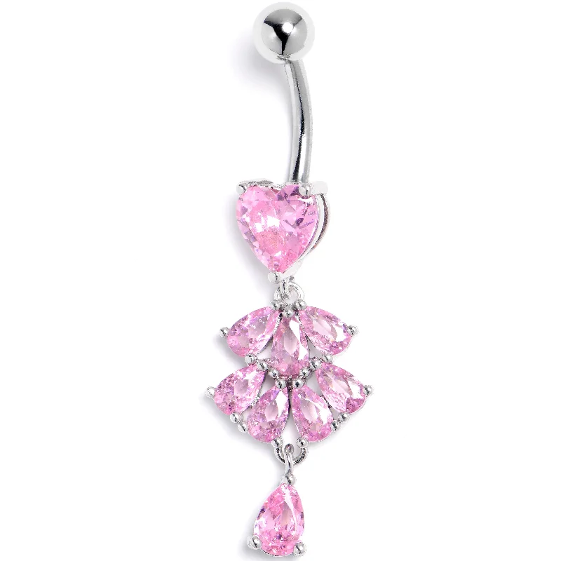 Designer Belly Rings with Artistic Features -Pink Gem Heart Style Cascade Dangle Belly Ring