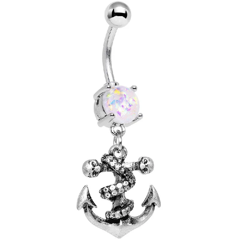 Trendy Belly Rings for Chic Fashion -White Faux Opal Pirate Skull Nautical Anchor Dangle Belly Ring
