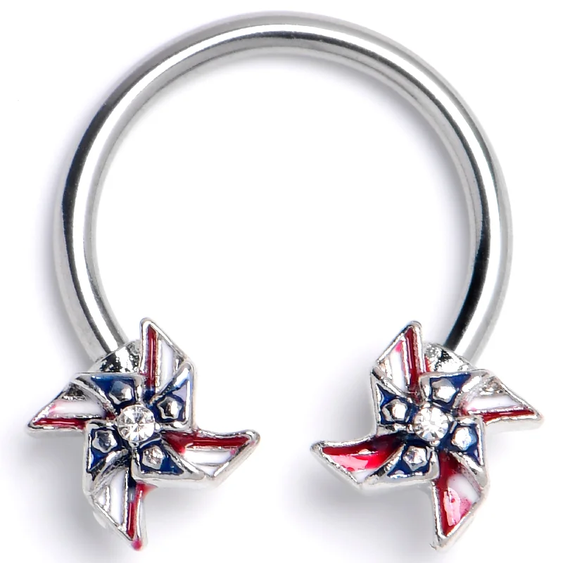 Women's Earrings – Elegant Designs for Every Personality--16 Gauge 3/8 Clear Gem Festive Patriot Pinwheel Horseshoe Circular Barbell