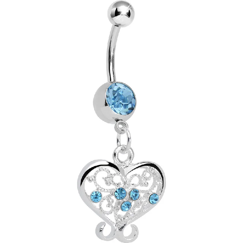 Belly Rings with Beautiful Accents -Aqua Gem Opulent Scrolled Heart Dangle Belly Ring