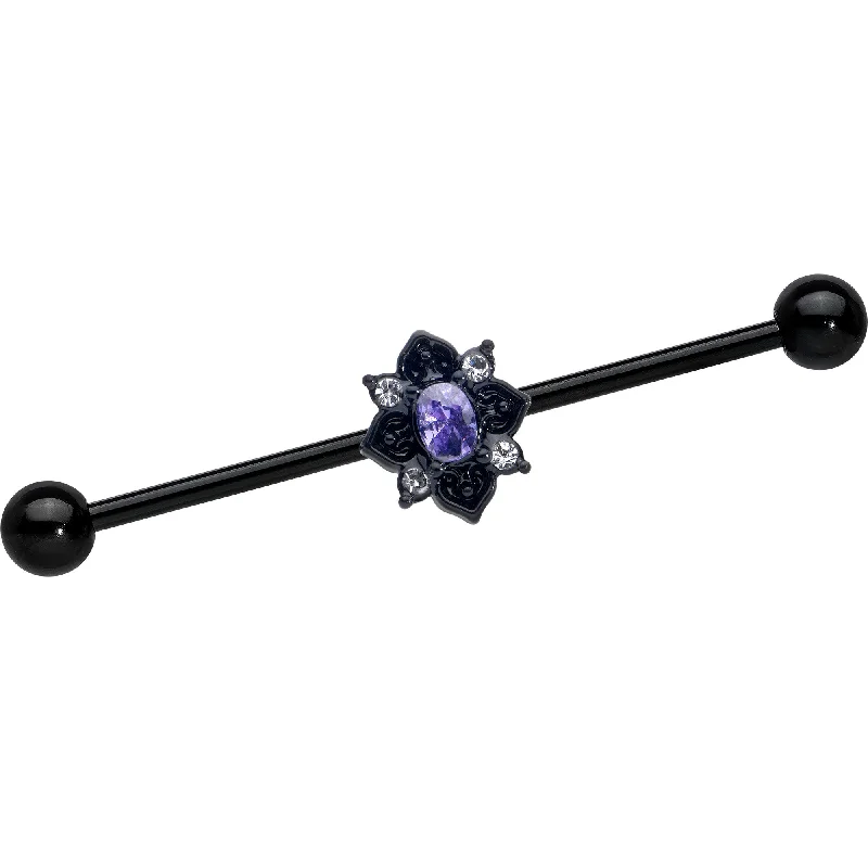 Women's Earrings – Elegant Designs for Every Personality--14 Gauge Purple Gem Black Scrolling Hearts Industrial Barbell 38mm