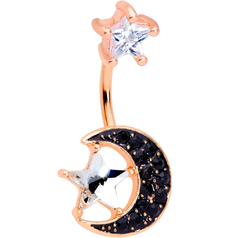 Stylish Belly Rings with Elegant Touches -Clear CZ Gem Rose Gold Tone Black Moon Double Mount Belly Ring