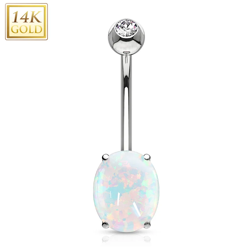 Trendy Belly Rings with Glittering Stones -14kt Solid White Gold 8mm Oval Synthetic Opal Belly Ring