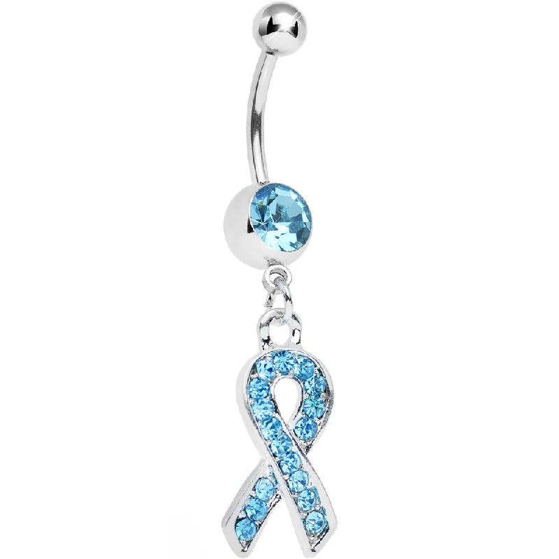 Belly Rings with Vibrant Stones for Stunning Effect -Aqua Gem Fashionable Awareness Ribbon Dangle Belly Ring
