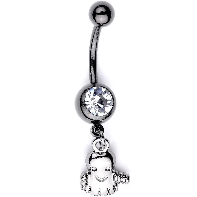 Unique Belly Rings for Bold Style -Clear Gem Black Happy Ghost Halloween Dangle Belly Ring