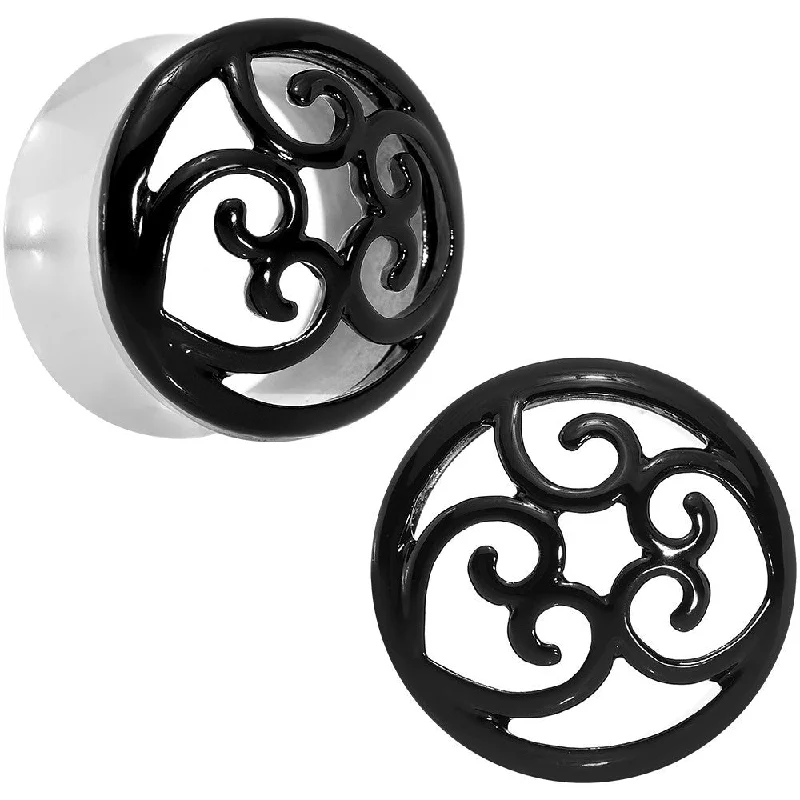 Women's Earrings – Elegant Designs for Every Personality--20mm Steel Black Filigree Duet Heart Saddle Plug Set