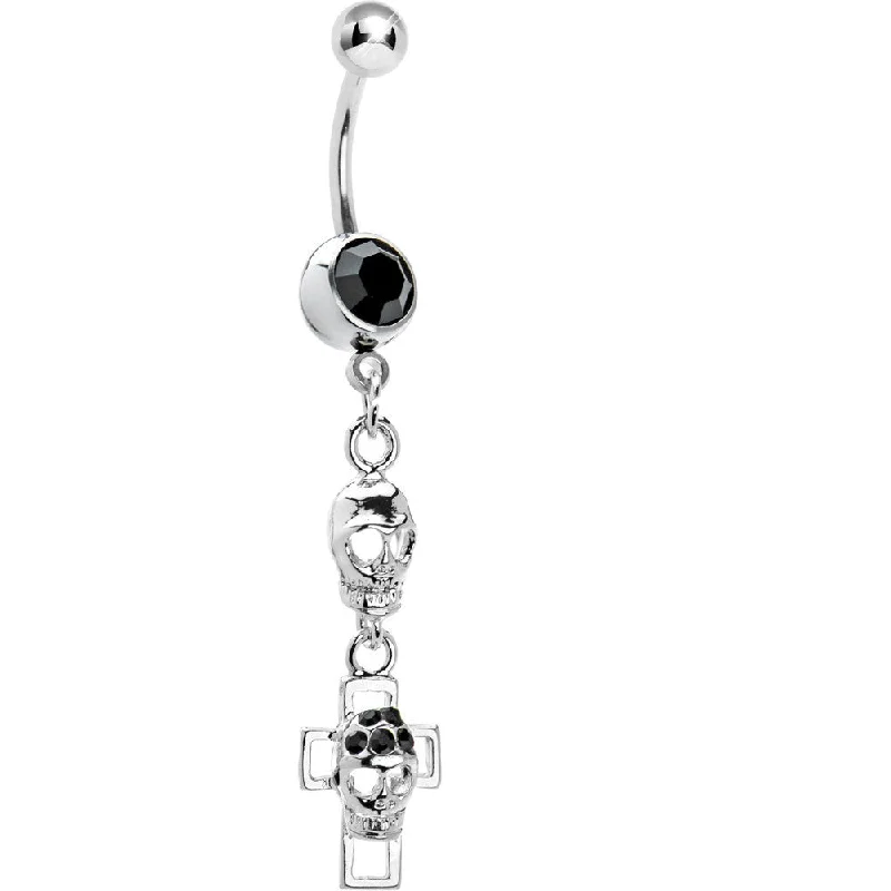 Beautiful Belly Rings with Vibrant Gems -Midnight Gem Hollow Cross Skull Belly Ring