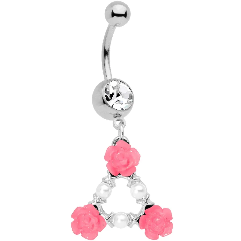 Trendy Belly Rings with Modern Features -Clear Gem Triangle of Roses Dangle Belly Ring