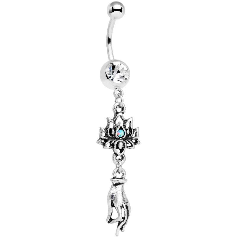 Beautiful Belly Rings with Dazzling Stones -Clear Gem Blue Synthetic Opal Sacred Symbol Lotus Flower Dangle Belly Ring