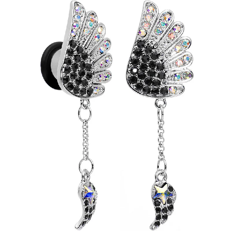 Women's Earrings – Elegant Designs for Every Personality--00 Gauge Aurora Black Gem Arial Angel Wings Dangle Plug Set