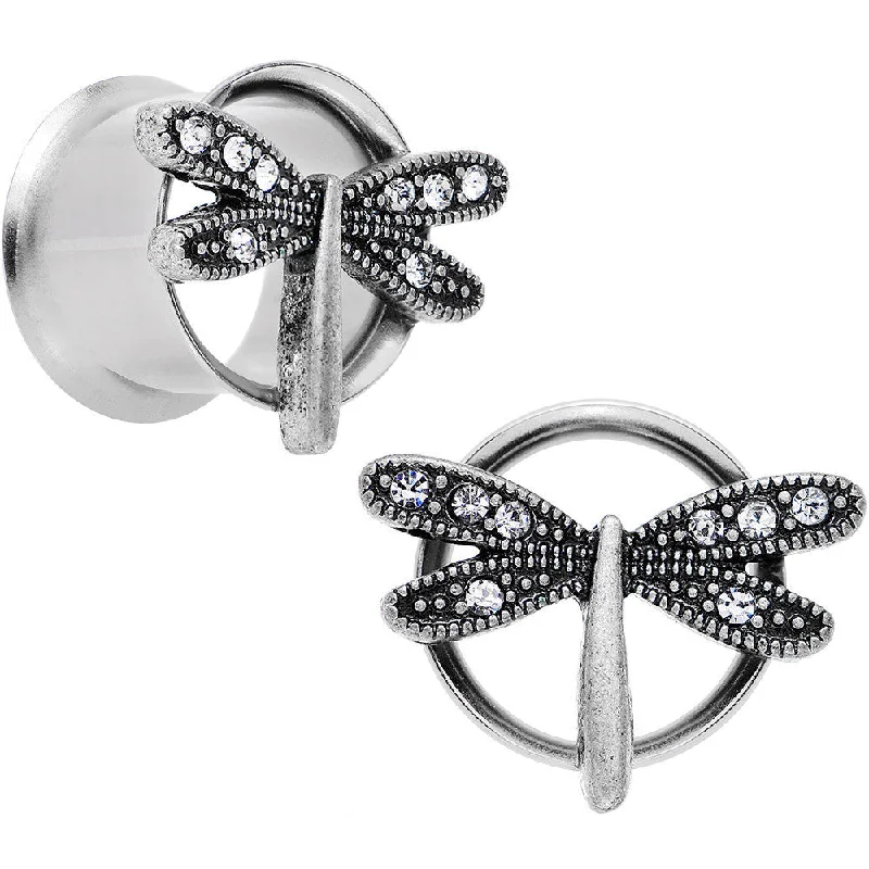 Women's Earrings – Elegant Designs for Every Personality--9/16 Clear Gem Steel Hi Sky Dragonfly Double Flare Tunnel Plug Set