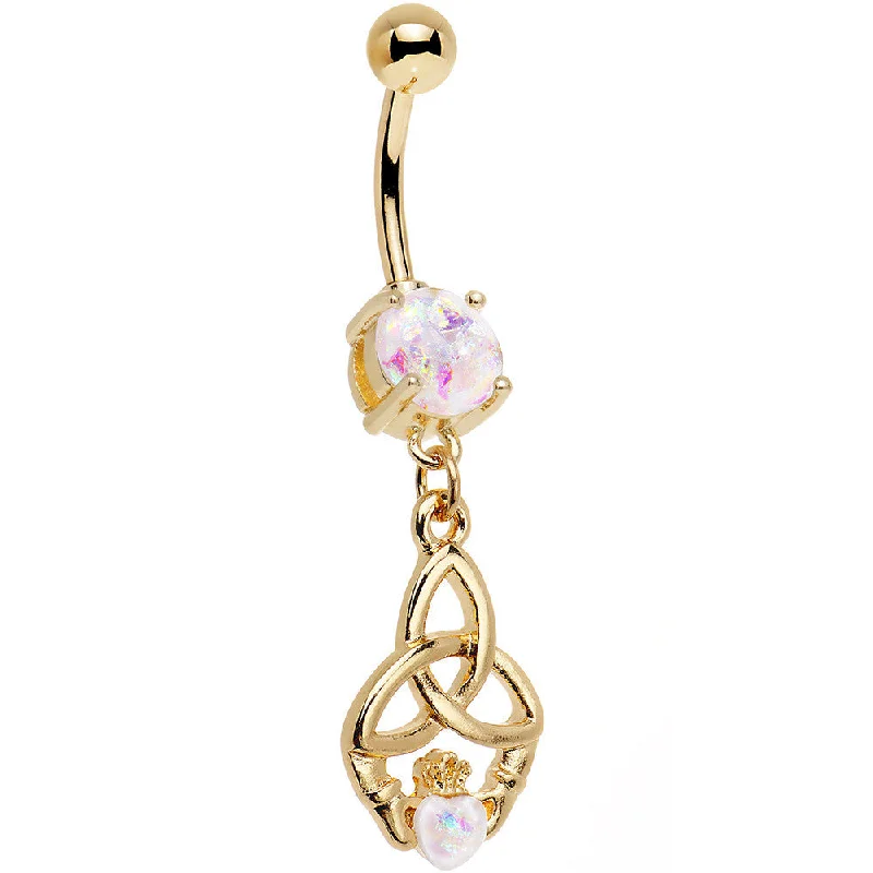 Stylish Belly Rings for Special Moments -White Faux Opal Gold Anodized Trinity Claddagh Dangle Belly Ring