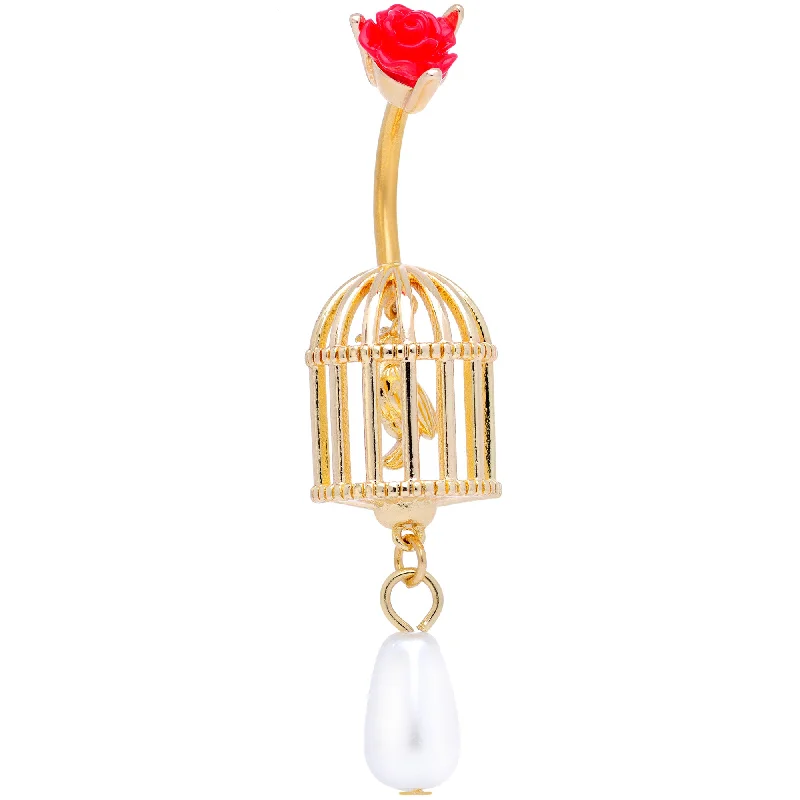 Comfortable Belly Rings with Beautiful Features -Red Flower Gold Tone Birdcage Dangle Belly Ring Comfortable Belly Rings with Beautiful Features -Red Flower Gold Tone Birdcage Dangle Belly Ring