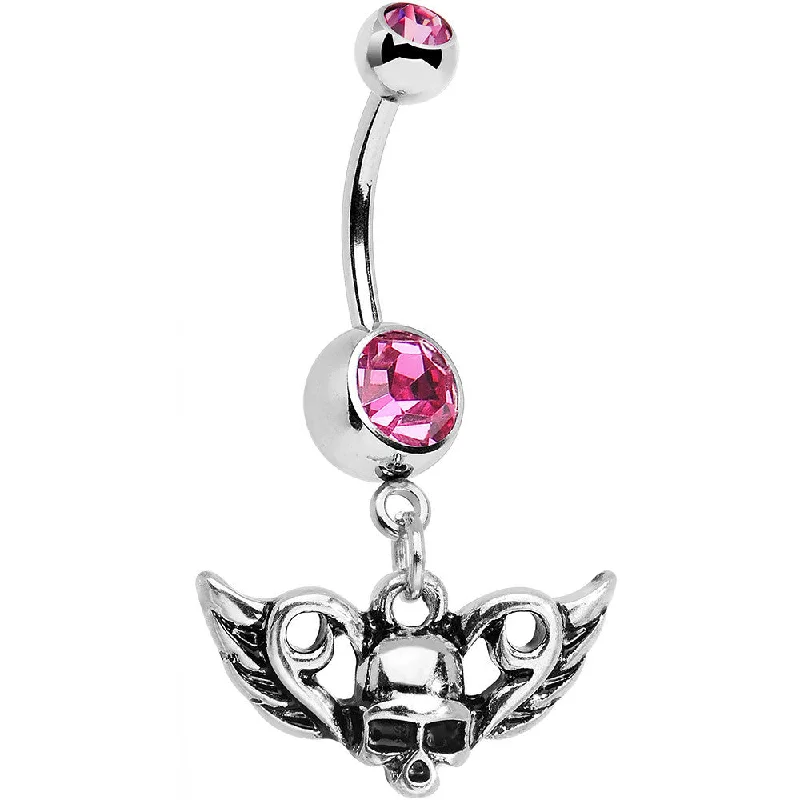 Trendy Belly Rings for Bold Fashionistas -Pink Gem Born to Be Bad Winged Skull Dangle Belly Ring