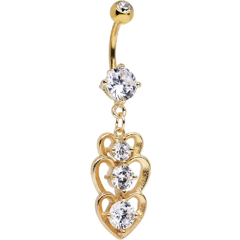 Stylish Belly Rings with Radiant Stones -Clear Cubic Zirconia Gold Plated Three Heart Dangle Belly Ring Stylish Belly Rings with Radiant Stones -Clear Cubic Zirconia Gold Plated Three Heart Dangle Belly Ring