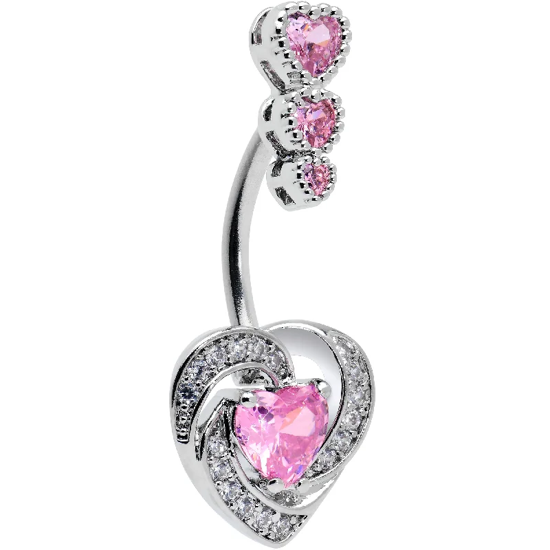 Comfortable Belly Rings for All-Day Comfort -Pink CZ Gem Triple Drop Swirl Heart Valentine Double Mount Belly Ring