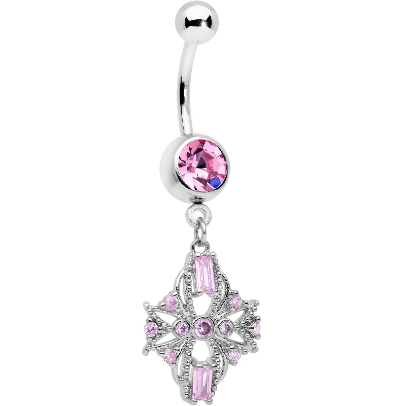 Comfortable Belly Rings with Custom Design -Pink Gem Opulent Cross Dangle Belly Ring